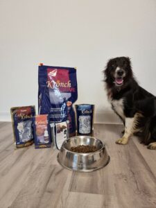 Border Collie sitzt neben seinem Futterpaket von Henne Pet Food