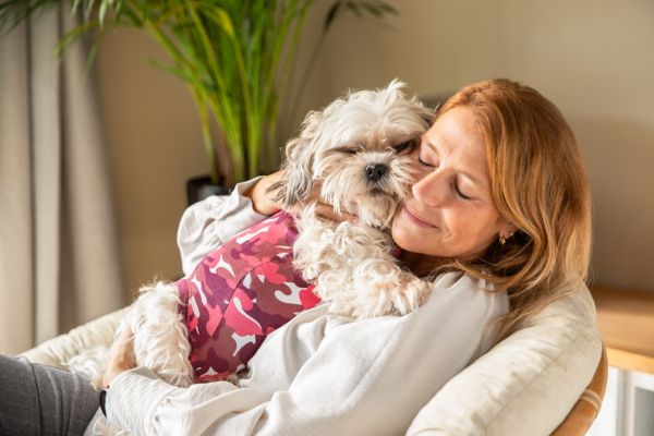 Alternative zur Hunde-Halskrause: Hund kuschelt mit Besitzerin