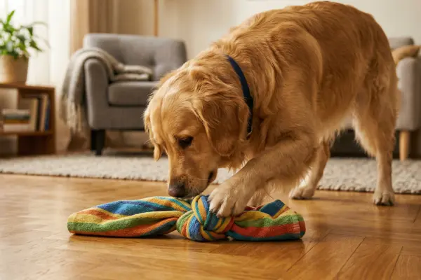 Ein Golden Retriever untersucht in einem gemütlichen Wohnzimmer ein bunt gestreiftes Handtuch, das in der Mitte fest verknotet wurde. Der Hund nutzt seine Pfote, um das DIY-Spielzeug auf dem Parkettboden zu bewegen.