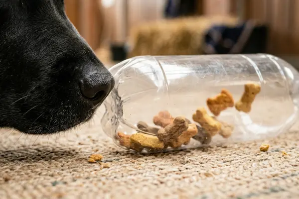 Nahaufnahme der Schnauze eines schwarzen Hundes, der neugierig an einer durchsichtigen Plastikflasche schnüffelt. Die Flasche liegt auf einem Teppich und ist mit mehreren hundekuchenartigen Leckerlies gefüllt – ein einfaches DIY-Intelligenzspielzeug.