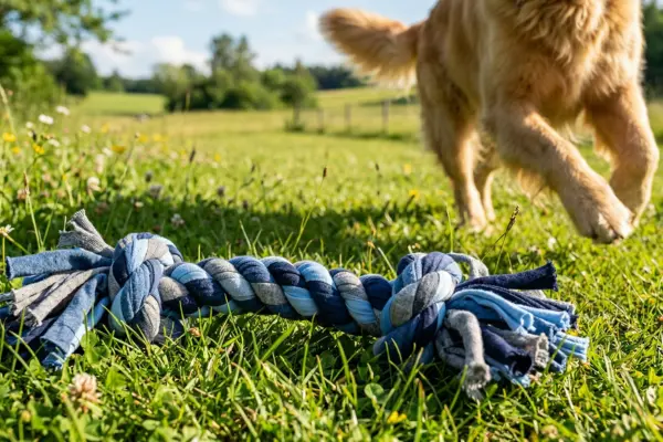 Nahaufnahme eines selbstgemachten, geflochtenen Hundespielzeugs aus blauen und grauen Stoffstreifen, das auf einer sonnigen Wiese liegt. Im unscharfen Hintergrund rennt ein Golden Retriever freudig auf das Spielzeug zu.