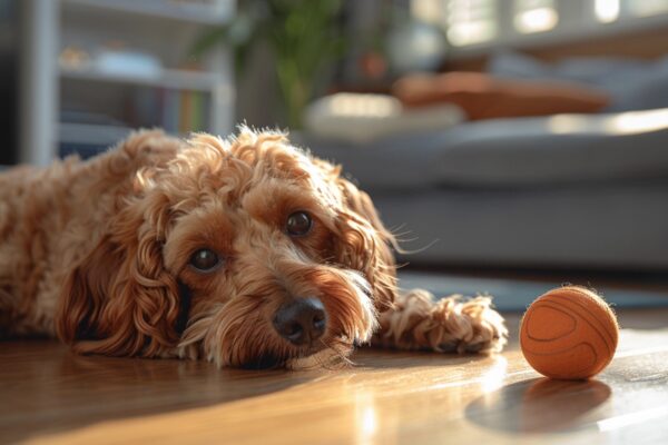 Doxiepoo liegt im Wohnzimmer auf dem Boden vor einem Ball