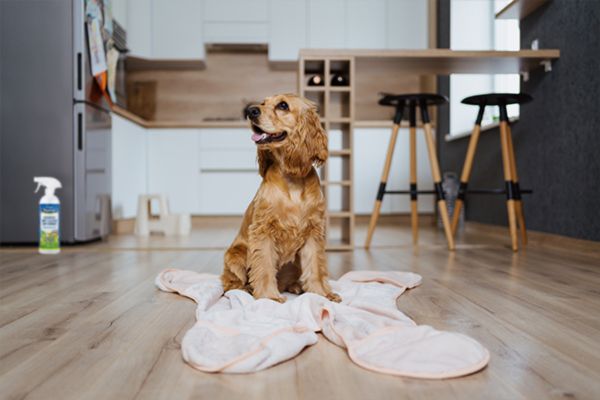 Hund pinkelt in Wohnung: Hund sitzt auf Handtuch