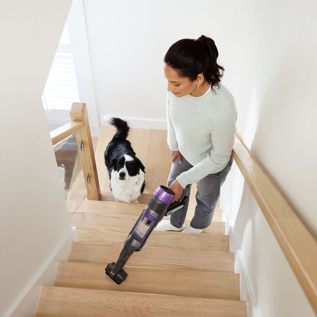 Hundehaare entfernen: Frau saugt Treppe mit Shark Tierhaarstaubsauger.