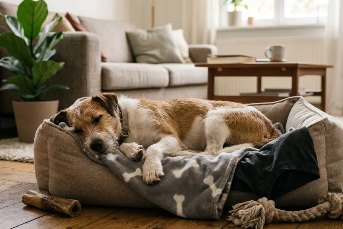 Ein rauhaariger, braun-weißer Jack Russell Terrier-Mischling schläft tief und friedlich auf der Seite in einem großen, gemütlichen grauen Hundebett. Der Hund liegt auf einer grauen Decke mit weißen Knochenmotiven, seine Augen sind geschlossen. Das Bett steht auf einem Holzboden in einem gut beleuchteten, modernen Wohnzimmer mit einem Sofa, Kissen und einer Fiddle-Leaf-Feige-Zimmerpflanze im Hintergrund. Ein kleiner Kaukochen liegt auf dem Boden neben dem Bett.