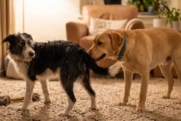 Eine goldfarbene Labrador-Hündin schnüffelt am Hinterteil eines schwarzen Pudels. beide Hunde stehen in einem hell eingerichteten Wohnzimmer.