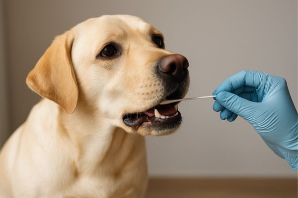 DNA Test beim Hund: Besitzer entnimmt Speichelprobe beim Hund