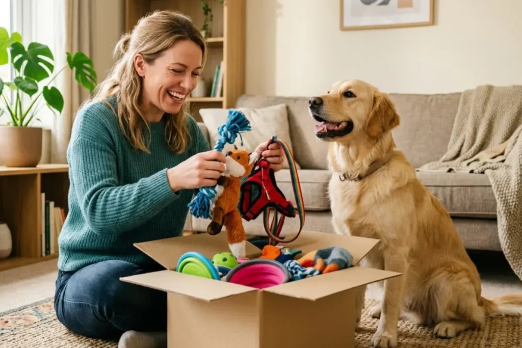 Eine Frau sitzt lächelnd auf dem Boden eines hellen Wohnzimmers und öffnet einen Karton voller Hundezubehör. Sie hält ein buntes Hundespielzeug und ein Geschirr in den Händen. Rechts neben ihr sitzt ein goldener Retriever, der aufmerksam und freudig zu ihr und den neuen Sachen aufschaut. Die Szene wirkt gemütlich und herzlich.