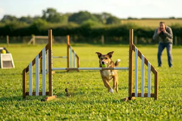 Ein dynamisches Flyball-Szenario auf einer sonnigen Wiese: Ein braun-weißer Hund läuft mit einem Tennisball im Maul konzentriert auf eine Hürde im Vordergrund zu. In weiter Ferne, im unscharfen Hintergrund an der Startlinie, steht sein Besitzer und feuert ihn mit vor dem Mund geformten Händen lautstark an. Auf der linken Seite des Parcours ist eine Flyball-Box zu erkennen.