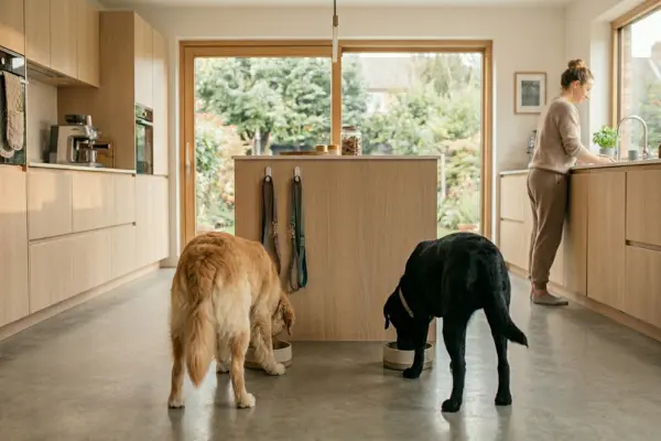 Zwei Hunde fressen in sicherem Abstand voneinander in einer hellen Küche. Ein Beispiel für gutes Management bei Futterneid in der Mehrhundehaltung.