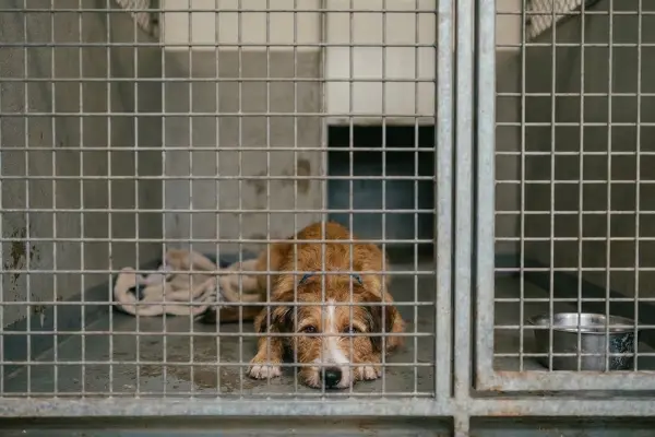 Ein braun-weißer, drahthaariger Mischlingshund liegt in einem Tierheim-Zwinger auf dem grauen Betonboden. Er hat seinen Kopf auf die Vorderpfoten gebettet und blickt direkt durch die Metallgitterstäbe der Käfigtür nach vorne. Im Hintergrund des Zwingers liegt eine helle Decke, und rechts daneben ist ein Edelstahlnapf in einem angrenzenden Abteil zu sehen.