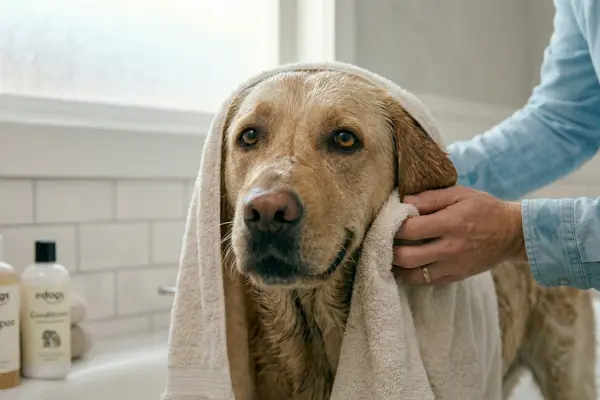 Eine Nahaufnahme eines hellen Hundes mit nassem Fell, der nach dem Baden sachte mit einem hellen Handtuch abgetrocknet wird. Das Handtuch liegt wie eine Kapuze über seinem Kopf, während eine Person mit nassen Ärmeln ihn vorsichtig an den Schlappohren abrubbelt. Der Hund blickt mit einem entspannten, fast lächelnden Ausdruck direkt in die Kamera. Im Hintergrund sind eine weiß geflieste Wand und zwei Shampooflaschen auf dem Wannenrand zu sehen. Die Szene wirkt warm, fürsorglich und sauber.