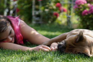 Wie zeigt ein Hund seine Liebe: Frau liegt mit Hund auf dem Rasen