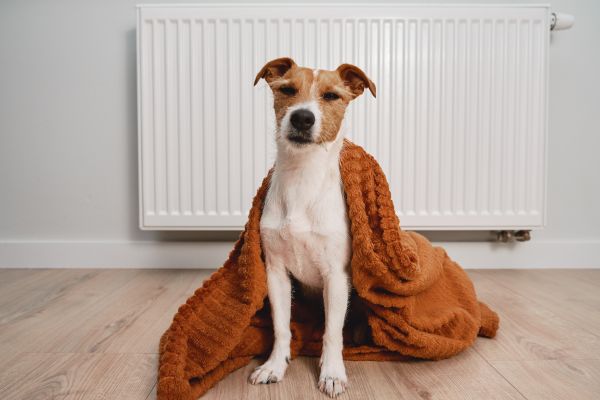 Hund hat Schnupfen: Hund sitzt, mit einer Decke über den Körper gelegt, vor einer Heizung.