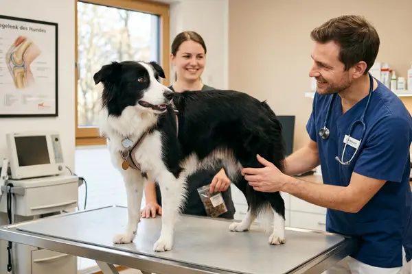 Ein freundlicher Tierarzt in blauer Arbeitskleidung untersucht behutsam das Knie eines schwarz-weißen Border Collies, der entspannt auf einem metallenen Behandlungstisch steht. Im Hintergrund lächelt eine tierärztliche Helferin, die ein Leckerli hält. An der Wand hängt ein anatomisches Poster über das Kniegelenk des Hundes; die Szene in der Tierarztpraxis wirkt ruhig und professionell.