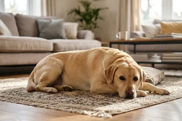 Ein übergewichtiger gelber Labrador Retriever liegt mit dem Kopf auf den Pfoten auf einem gemusterten Teppich in einem hellen Wohnzimmer. Im unscharfen Hintergrund sind ein beige-farbenes Sofa, ein Couchtisch mit Büchern und eine Zimmerpflanze zu sehen.