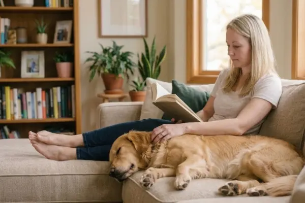 Eine blonde Frau sitzt entspannt und liest ein Buch auf einem hellbeigen Sofa in einem gemütlichen Wohnzimmer. Ihre Beine sind auf einer Ottomane hochgelegt, und ein Golden Retriever schläft tief und fest auf dem Sofa direkt neben ihr. Ihre linke Hand ruht sanft auf dem Rücken des Hundes. Im Hintergrund sind ein großes, gut gefülltes Holz-Bücherregal und mehrere Zimmerpflanzen vor einem Fenster zu sehen. Das natürliche Tageslicht fällt von rechts herein.