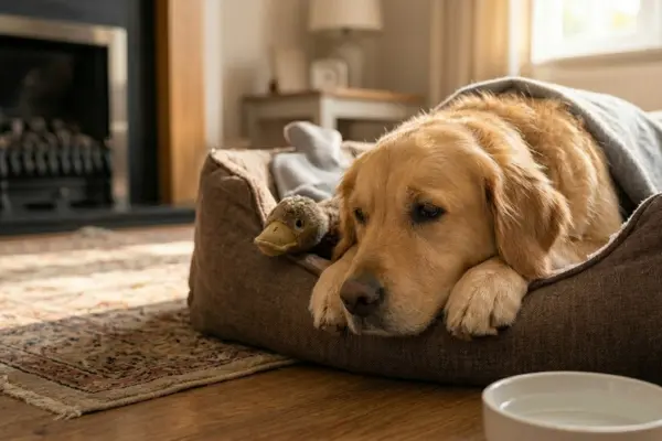 Ein Golden Retriever liegt krank in seinem braunen Körbchen auf einem Holzfußboden. Der Hund hat den Kopf auf seinen Pfoten abgelegt und schaut leicht zur Seite. Er ist teilweise mit einer grauen Decke zugedeckt. Neben ihm im Körbchen liegt ein kleines Stofftier, das wie eine Ente aussieht. Im Vordergrund steht ein weißer Napf mit Wasser. Der Hintergrund zeigt ein gemütliches Wohnzimmer mit einem Kamin und einem Fenster.