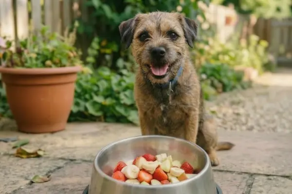Ein mittelgroßer drahthaariger Terrier-Hund mit blauem Halsband sitzt im Freien auf einem gepflasterten Gartenweg und schaut in eine Schüssel mit Erdbeeren und Bananenscheiben. Der Hund lächelt mit offener Schnauze und herabhängender Zunge. Der Hintergrund besteht aus großen Tontöpfen mit grünen Pflanzen und einem Holzzaun.