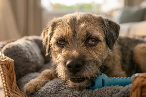 Eine Nahaufnahme eines kleinen, struppigen Hundes, der in seinem Weidenkörbchen liegt. Seine Augen sind leicht gerötet und wirken wässrig, was auf eine allergische Reaktion oder Reizung hindeutet. Er blickt ruhig, aber etwas matt in die Kamera, während weiches Tageslicht die Szene im Wohnzimmer erhellt.