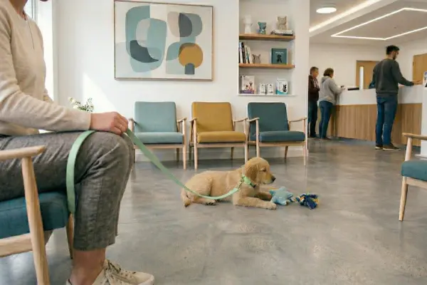 Ein kleiner Golden Retriever Welpe liegt entspannt auf dem grauen Boden eines modernen, hellen Wartezimmers beim Tierarzt. Der Welpe trägt ein pastellgrünes Halsband mit passender Leine und schnuppert an einem blau-gelben Spielzeug. Im Anschnitt links sitzt seine Besitzerin – eine junge Frau in einem hellen, glatten Pullover und einer grauen Hose –, die die Leine locker in der Hand hält. Im Hintergrund sind moderne Wartezimmerstühle in Blau- und Gelbtönen sowie ein heller Empfangsbereich mit Personen zu sehen.