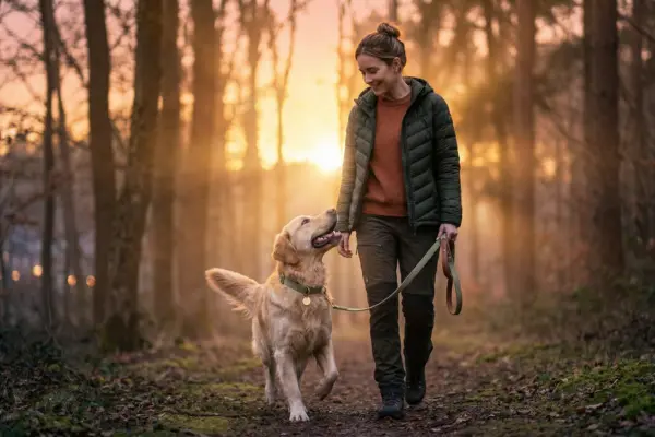 Eine Frau im Outdoor-Outfit geht mit ihrem Golden Retriever an einer Leine auf einem Waldweg spazieren, während der Hund sie glücklich anschaut. Das Szenerie ist in ein warmes, goldenes Sonnenuntergangslicht getaucht.